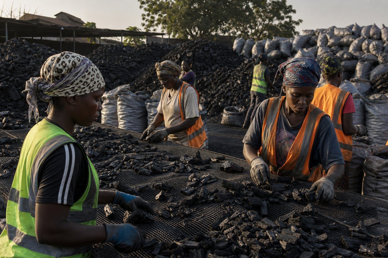 Workers hand-sorting Nigerian hardwood charcoal at an export sorting yard