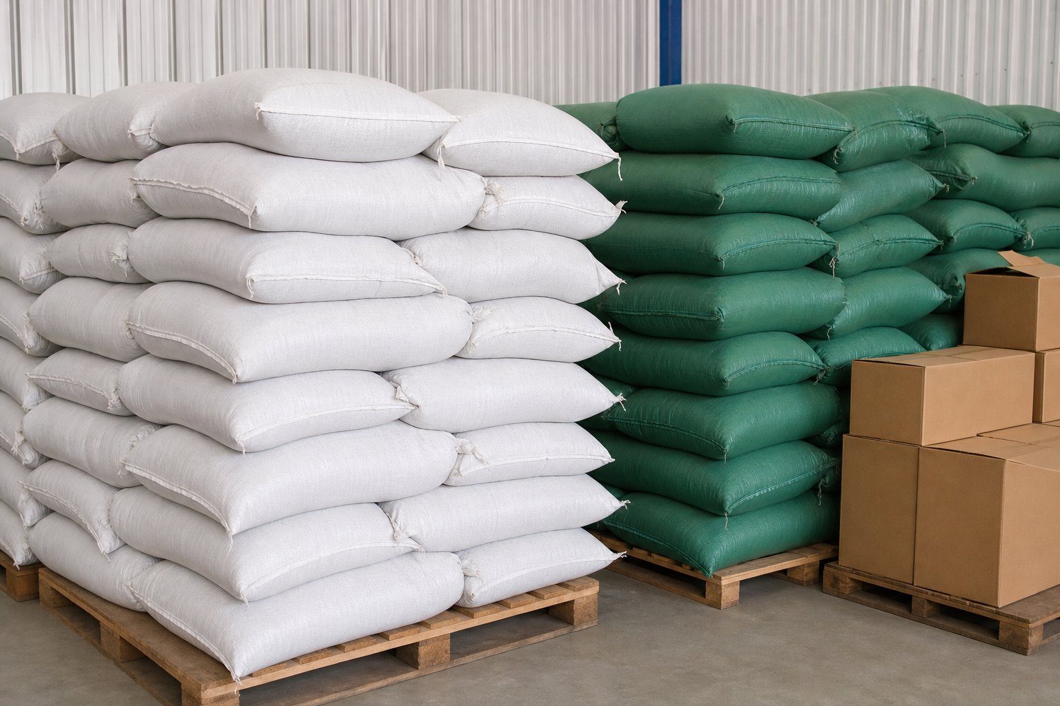 Palletised polypropylene export bags of charcoal in a warehouse