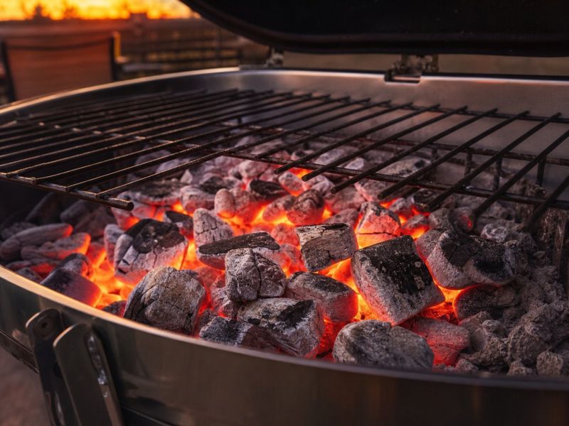 Premium Nigerian BBQ lump charcoal glowing in a barbecue grill