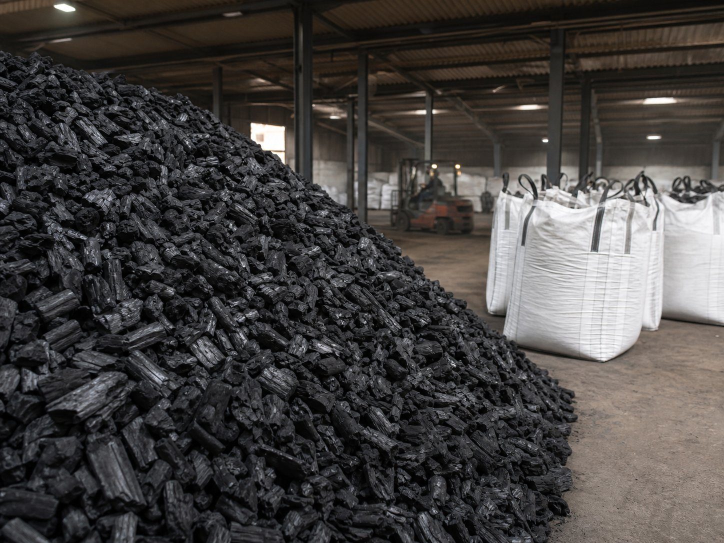 Bulk industrial hardwood charcoal heap beside jumbo bags in a warehouse