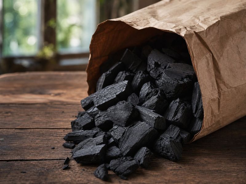 Natural Nigerian hardwood lump charcoal in mixed sizes in an open bag