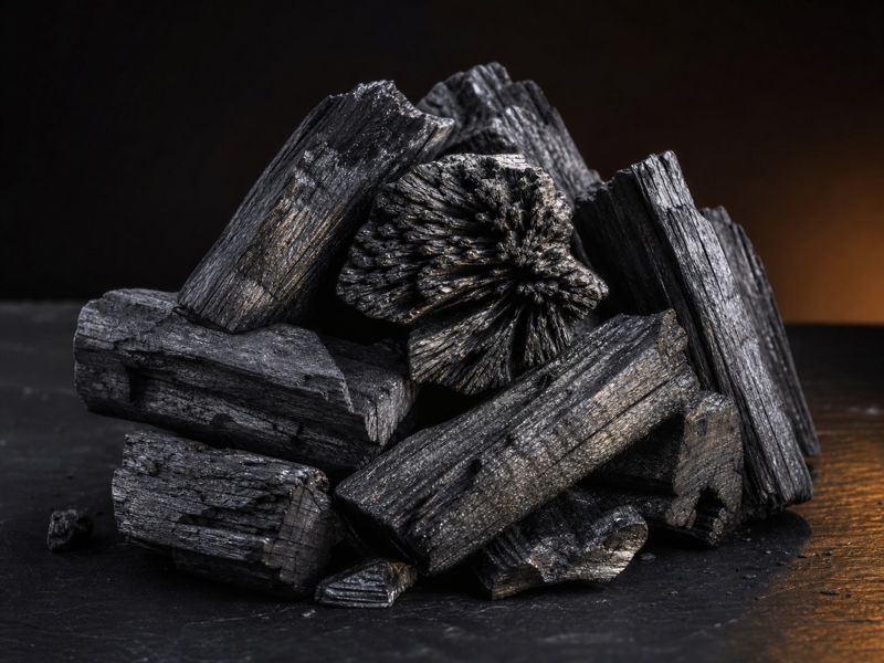 Large dense restaurant-grade Nigerian hardwood lump charcoal on dark slate